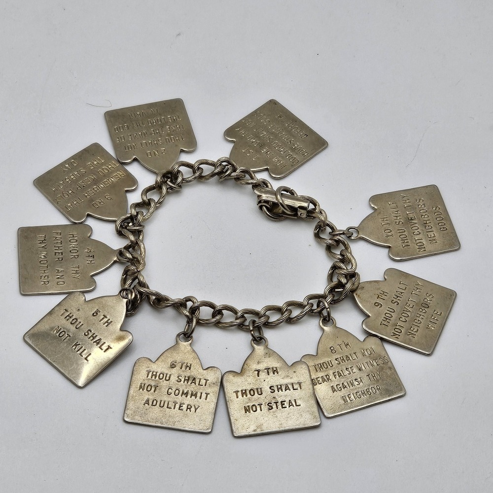 Vintage Ten Commandments Silver Tone Charm Bracelet
